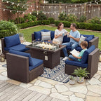 NICESOUL 7 Piece Large Size Patio Sectional Furniture Set with Firepit Propane/Natural Gas, 29.3'' High Back Outdoor Sofa Conversation Couch, Tall Wide Deep Sitting, Brown Rattan and Navy Cushion