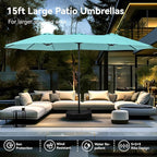 PHI VILLA 15ft Large Patio Umbrellas with Base Included, Outdoor Double-Sided Rectangle Market Umbrella with Crank Handle, for Poolside Lawn Garden, Turquois