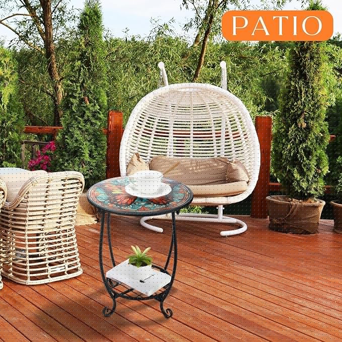 Outdoor Side Table Round Small Mosaic Patio Accent Indoor End Plant Coffee Tea Table for Yard Patio Porch Garden Living Room, Bedroom(Butterfly B Style,14 Inch)