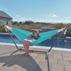 Vivere Double Cotton Hammock with Space Saving Steel Stand, Upgraded Polyester End Strings 450 lb Capacity - Premium Carry Bag Included - (Aruba)