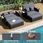 Tangkula Patio Rattan Daybed with 4-Level Adjustable Backrest, Outdoor PE Wicker Loveseat with Storage Ottoman & Folding Side Tray, Double Sunbed Lounger for Balcony, Backyard & Poolside (Grey)