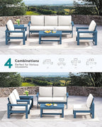 SERWALL HDPE Patio Furniture Set, 7-piece Outdoor Sectional Sofa Set, All Weather Outdoor Couch Set for Deck, Lawn, Blue Frame with Grey Cushion