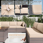 Kullavik 13 Pieces Outdoor Patio Furniture Set,PE Wicker Rattan Sectional Sofa Patio Conversation Sets with 43" 55000BTU Gas Propane Fire Pit Table,Swivel Rocking Chairs Set,Sand