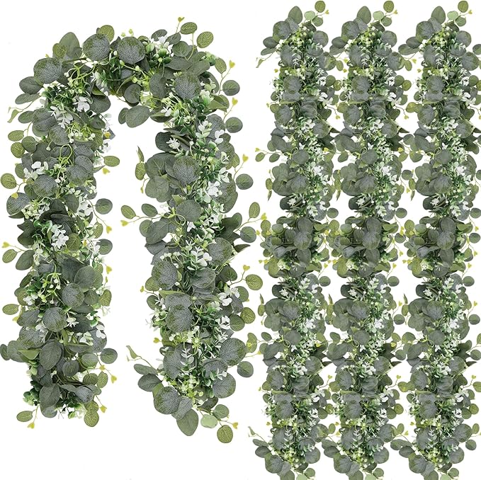 Artificial Eucalyptus Garland 6 Ft Silk Leaves Plastic Stems Green