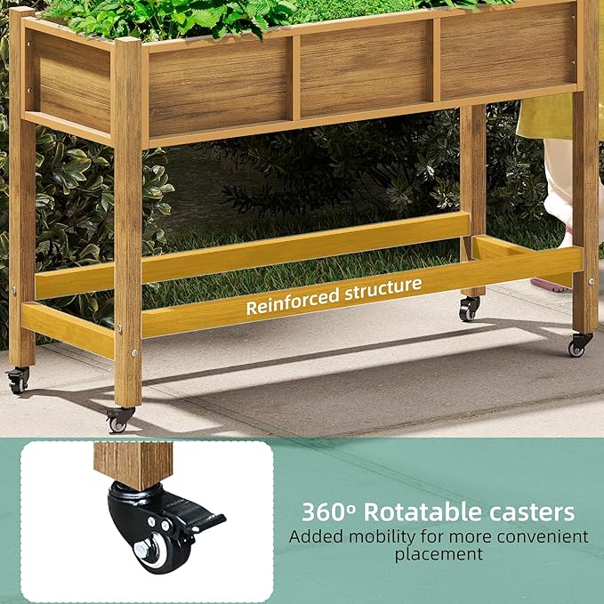 YITAHOME Raised Garden Bed HDPE, 47x18x31In Poly-Wood Weather-Resistant Raised Flower Bed, Elevated Planter Box with Lockable Wheels for Vegetables, Brown