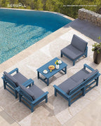 SERWALL HDPE Patio Conversation Set, 6-piece Sectional Outdoor Furniture Set, All Weather Outdoor Couch Set Patio Furniture Set for Deck, Lawn, Blue Frame with Grey Cushion