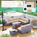 Kullavik 10 Pieces Outdoor Patio Furniture Set with 43" 55000BTU Gas Propane Fire Pit Table PE Wicker Rattan Sectional Sofa Patio Conversation Sets,Khaki
