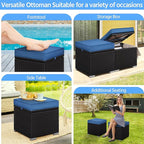 Yaheetech Wicker Ottomans, Set of 2 Patio PE Rattan Side Tables with Hidden Storage & Removable Cushion, Outdoor/Indoor Footstools, Additional Seating for Garden/Balcony/Yard, Brown/Dark Blue
