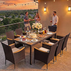Greesum 9 Pieces Outdoor Patio Dining Set, Conversation Sets with 1 Table and 8 Rattan Chairs with Curved Acacia Wooden Armrests and Cushions, Brown