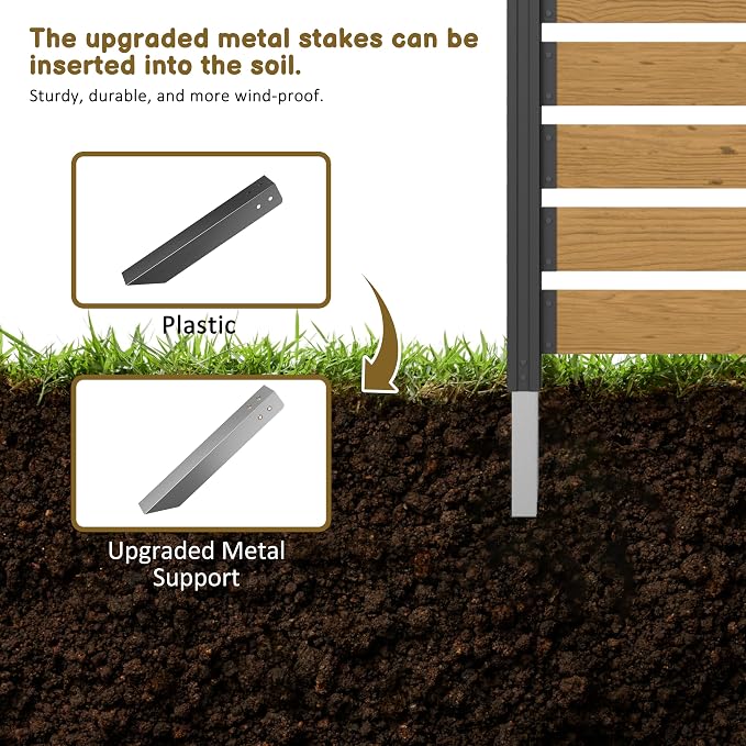 Garden Privacy Screen, Natural Wood No-Dig Panel with Metal Stakes