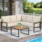 Metal Patio Furniture Set, 6 Pieces Outdoor Sectional Sofa Set with Side Table, L Shape Patio Conversation Set with Faux-Wood Tabletop, Outdoor Couch for Balcony, Porch, Backyard,Beige
