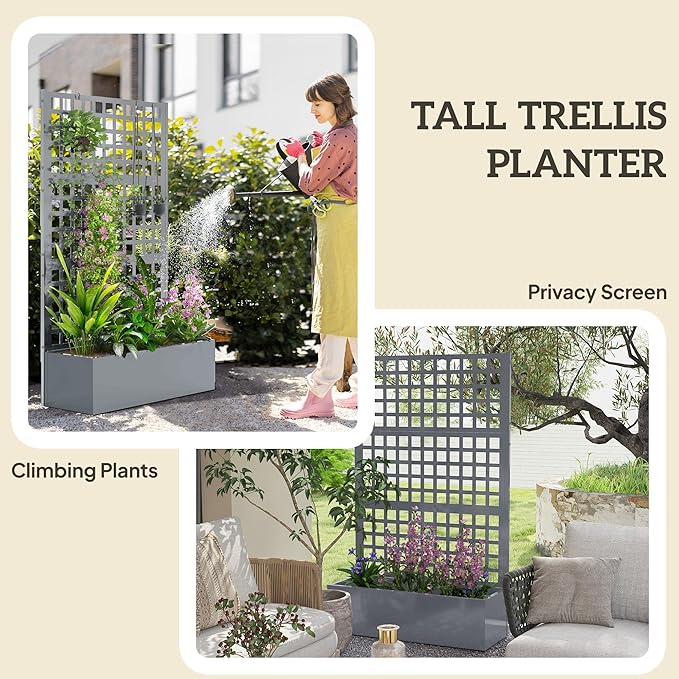 Outsunny Galvanized Raised Garden Bed with Trellis, Metal Planter Box with Drainage Holes, Outdoor Privacy Screen for Climbing Plants, Vegetable, Vines, 43" x 16" x 70", 2 Pack, Gray Wood Effect