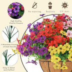 Senjie 2 Set Artificial Hanging Flowers with Basket for Outdoor Decor, UV Resistant 24 Bundles Faux Flowers Fake Hanging Planter for Porch Patio Balcony