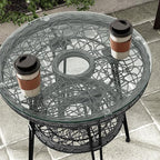Furniture of America Ysar Boho 19-inch Round Coffee Table Outdoor with Tempered Glass Top and Metal Frame, Handcrafted Coastal Furniture for Patio, Poolside, Garden, Yard, Black