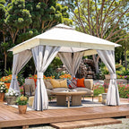 LAUSAINT HOME Semi-Permanent Outdoor Patio Gazebo 10'x10', Heavy Duty Party Tent Shelter with Double Roofs, Mosquito Nettings and Privacy Screens for Backyard, Garden, Lawn, Cream White