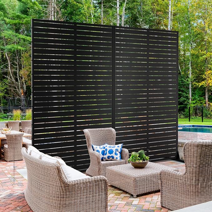 Decorative Metal Privacy Fence, Black Louvered, 5 Panels, 72 in Tall