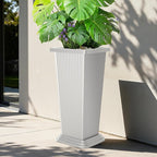 Tall Outdoor Planters Set of 2, 24" Tapered Outdoor Tall White Planter for Front Porch, Large Indoor Modern Planter Flower Pots with Tray, Drainage Holes (Ribbed)