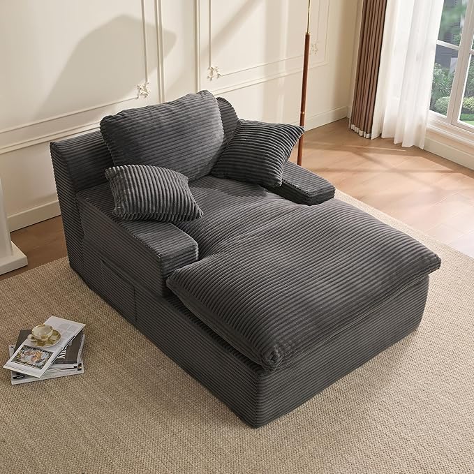 63" Chaise Lounge Chair Indoor, Set of Convertible Sleeper Sofa Couch with Throw Pillows & Side Pockets, Corduroy Upholstered Oversized Sofa Bed with Armrests for Living Room Bedroom, Grey