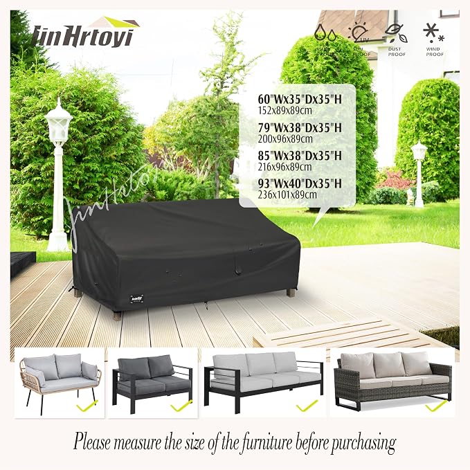 Sofa Cover for 3-Seater Outdoor Couch, 600D Waterproof Oxford, Black