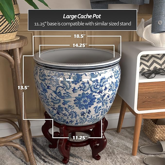 Red Lantern Large 18" Porcelain Fishbowl Blue & White Floral Planter or Cachepot for Indoor/Outdoor Use in Garden Entryway Living Room Boho Eclectic Modern Contemporary Classic Traditional Style Decor