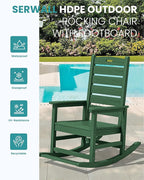 SERWALL Outdoor Rocking Chair Set of 4, Oversized HDPE Patio Rocking Chair with Footrest for Adults, All Weather Porch Rocker for Deck Patio Balcony, Green