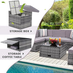 8-Piece Patio Furniture Set, Outdoor Wicker Rattan Sectional with Thick Cushions, Glass Top Table with Hidden Storage, Outdoor Conversation Set for Backyard, Porch, Patio, Light Grey