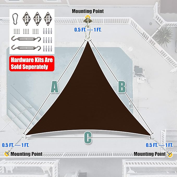 Amgo 8' x 8' x 8' Brown Triangle Sun Shade Sail UPF50+ Canopy Awning AGSLT, 95% UV Blockage, Water & Air Permeable, 200GSM Heavy Duty Commercial and Residential (We Make Custom Sizes)