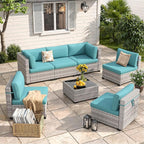 6-Seat Modular Patio Furniture Set – Outdoor Wicker Sectional Sofa with Thick 4″ Cushions, Dual-Strand PE Rattan, Rust-Resistant 18 mm Steel Frame, Backyard Garden Deck Lounge,Blue