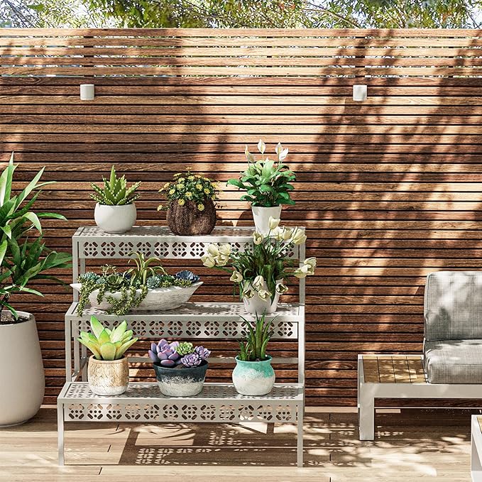 Garden 4 you 3 Tiers Metal Plant Stand,Rectangular Ladder Flower Pots Outdoor Plant Rack, Indoor Plant Display Rack, Heavy Duty Utility Storage Organizer for Home Garden Patio Balcony, Stair Style(White)