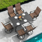 NUU GARDEN Patio Dining Set 7 Pieces Outdoor Dining Set for 6 Patio Swivel Chairs Textilene with 1 Metal Large Dining Table 6 Person Patio Set for Lawn Garden Deck, Brown and Black