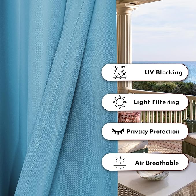BONZER Outdoor Curtains for Patio Water Resistant Heavy Privacy Light Filtering Grommet Outside Curtains for Porch, Pergola, Gazebo, 1 Panel, 54W x 84L inch, Teal