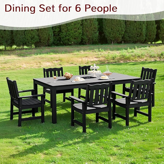 Stoog All-Weather Patio Dining Table for 6, 63" Waterproof HIPS Material Dining Table with Umbrella Hole, Never Rot or Fade, Black