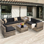 8-Piece Patio Furniture Set, Outdoor Wicker Rattan Sectional with Thick Cushions, Glass Top Table with Hidden Storage, Outdoor Conversation Set for Backyard, Porch, Patio, Black