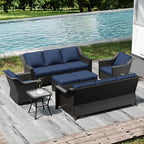 Joyside Wicker Patio Furniture Sets, 7 Pieces Upgraded Large Size Outdoor Furniture with Swivel Rocking Patio Chairs, Two 3-Seat Sofa, Outdoor Ottoman, Thick Cushions, Wide Armrest, Blue