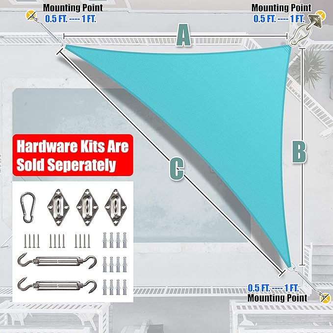 Amgo Custom Size 11' x 15' x 18.6' Turquoise Triangle Sun Shade Sail Order to Make Canopy Awning UPF50+ AGSLT, 95% UV Blockage, Water & Air Permeable, 200GSM Commercial Standard (We Customize)
