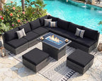 NICESOUL 10 Pcs Outdoor Sectional Set with Natural Gas/Propane Firepit Table, 29.3'' High-Back Patio Furniture Sofa Set, Oversized Rattan Couches for Backyard Garden Lawn, 2 Color Cushion Black & Gray