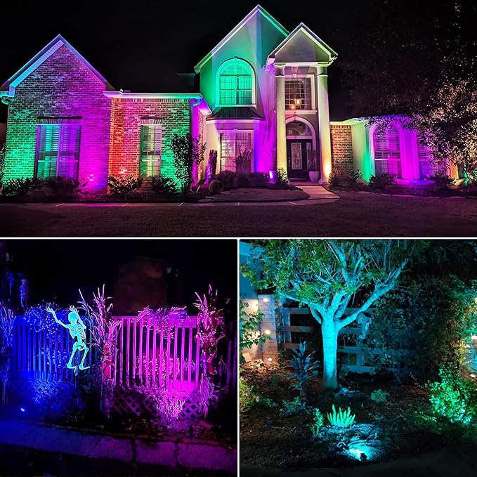 SUNVIE 12 Pack RGBW Color Changing Landscape Lights with 300W Low Voltage Landscape Transformer 12-24V LED Landscape Lighting Kit Waterproof Multicolor Spotlights for Christmas House Yard Tree Garden