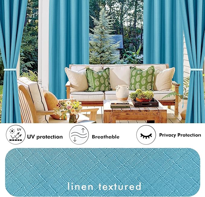 Outdoor Curtains, Teal Linen Blend Waterproof Panels, 54 x 84 Inches