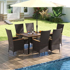 Tangkula 7 Pieces Rattan Outdoor Dining Set for 6, Outdoor Acacia Wood Table Set with 6 Cushioned Wicker Chairs, Umbrella Hole, Patio Dining Furniture Set for Deck Pool Backyard