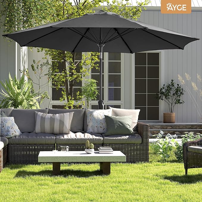 Ayge 9FT Large Outdoor Patio Umbrella Market Table Umbrella-UV Resistant, Easy Push Button Tilt and Crank, 8 Sturdy Fiberglass Ribs Heavy-Duty Pool Umbrella for Deck, Backyard,Garden,Black