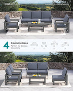 SERWALL HDPE Patio Conversation Set, 6-piece Sectional Outdoor Furniture Set, All Weather Outdoor Couch Set Patio Furniture Set for Deck, Lawn, Blue Frame with Grey Cushion