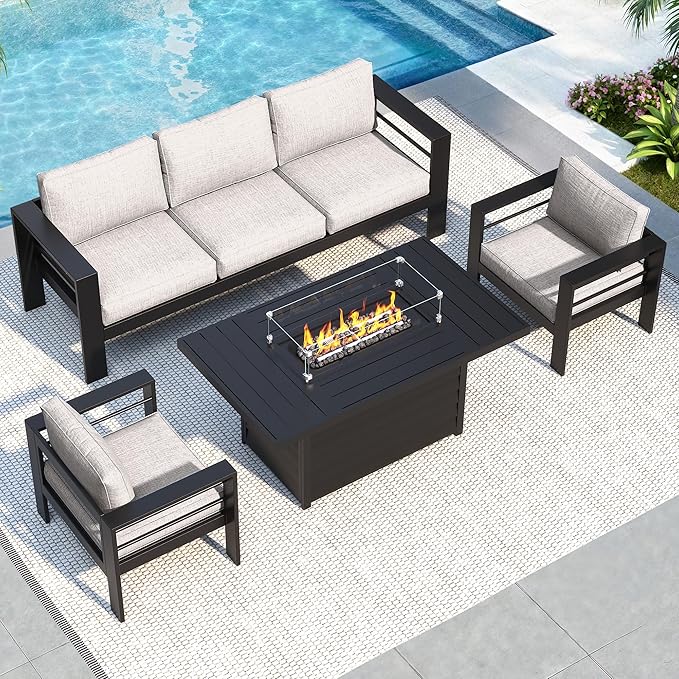 Solaste Aluminum Patio Furniture Set with Fire Pit Table, 4 Piece Metal Outdoor Furniture with Water-Resistant Cushions, Modern Patio Conversation Set for Backyard,Black Frame and Grey Cushion