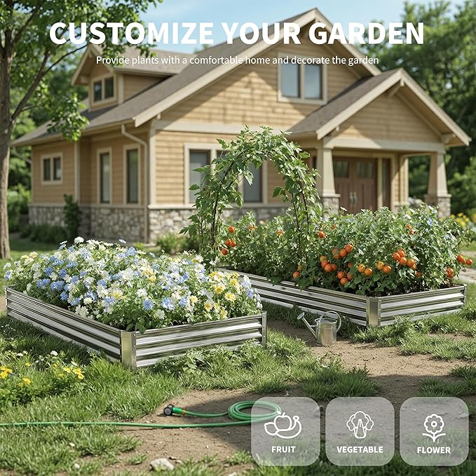Galvanized Raised Garden Bed,Outdoor Planter Box Metal Patio Kit Planting Bed for Vegetables Flowers Herb (Galvanized, 8x4x1ft-2p)