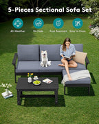 SERWALL Outdoor Sectional Sofa Set, 5-piece Outdoor Modula Couch Set with Ottoman, All Weather Patio Furniture Set with Chaise for Deck, Lawn, Black Frame with Gray Cushion