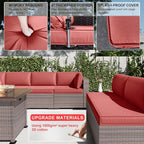 Kullavik 15PCS Outdoor Patio Furniture Set with 43" 55000BTU Gas Propane Fire Pit Table PE Wicker Rattan Sectional Sofa Patio Conversation Sets w/8 Coner Sofas,Red