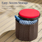 Best Choice Products Round Wicker Ottoman, Multipurpose Outdoor Furniture for Patio, Backyard, Additional Seating, Footrest, Side Table w/Storage, Removable Cushions – Brown/Red