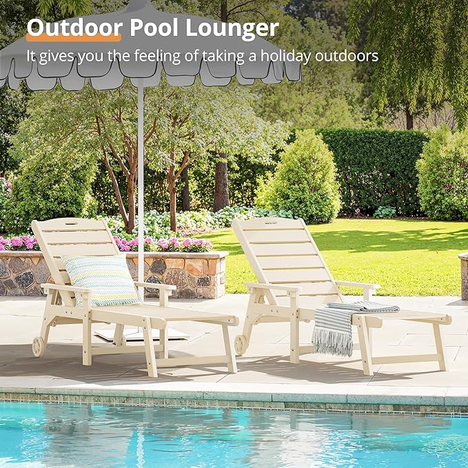 LUE BONA Outdoor Chaise Lounge Chairs Set of 2, HDPS Chaise Lounger, 5 Positions Adjustable Lounge Chairs, Pool Lounge Chair with Wheels for Poolside, Sand