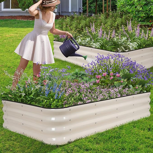 1MORE Raised Garden Bed -5X3X1 Galvanized Planter Box for Outdoor Gardening,4 in 1 Modular Raised Bed Kit with Protective Tape, Gloves for Herb，Ideal for Vegetables and Plants.White-2Pcak