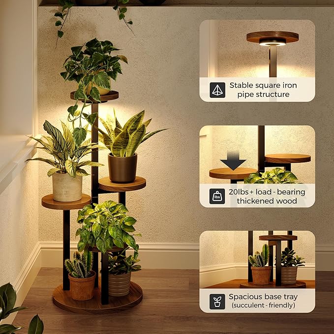 Bamworld Plant Stand with Grow Lights Indoor Plant Stand Tall Metal Wood Plant Shelf Outdoor Corner Plant Stands Indoor Plant Table Rack 5 Tier Tier Plant Stand Garden Accessories for Living Room Balcony Patio