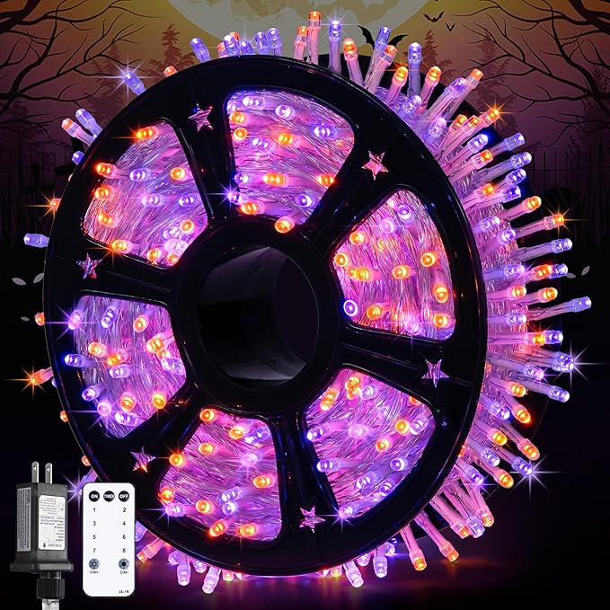 String Lights, 600 LED Orange and Purple Halloween Lights, 8 Modes
